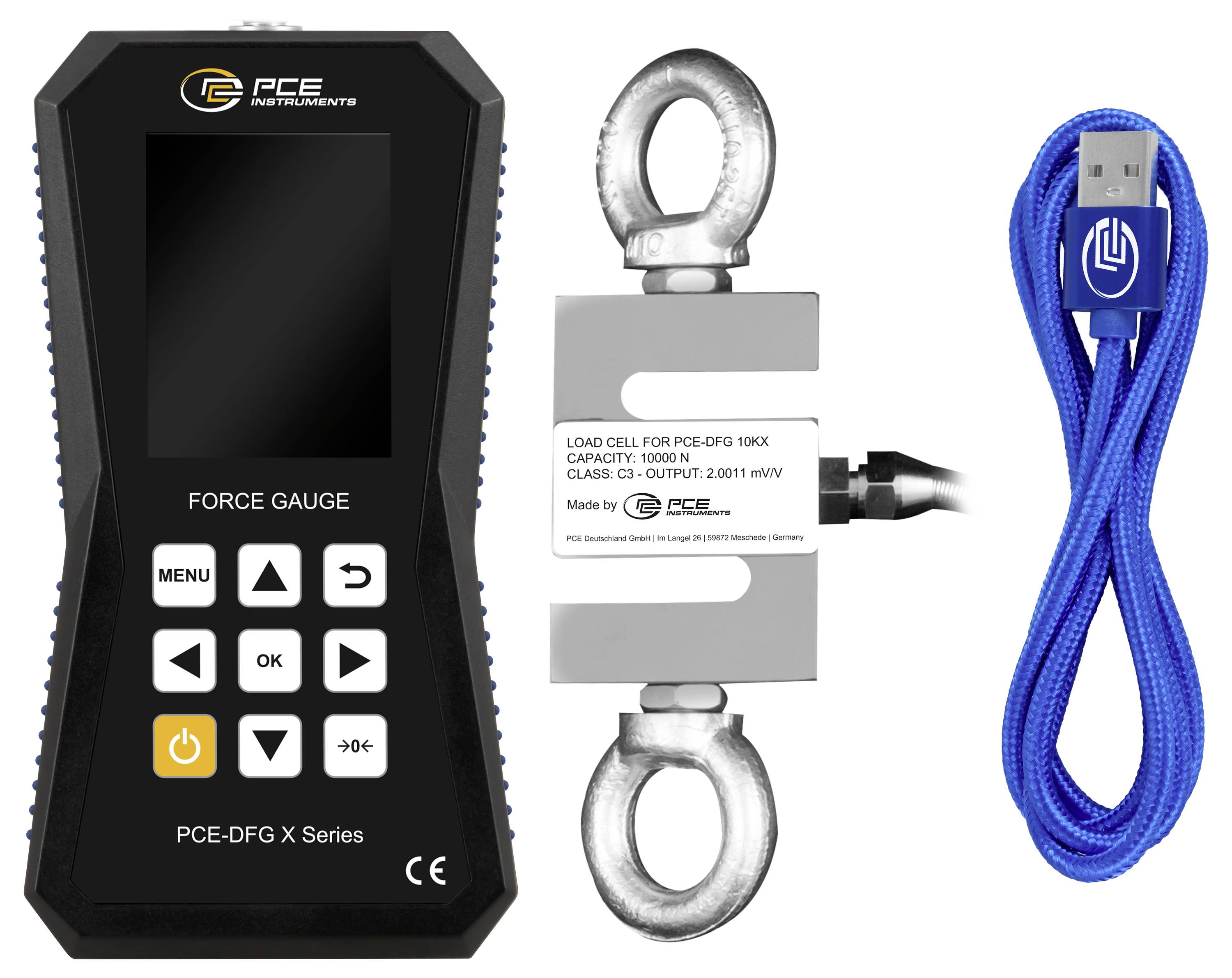 PCE komplet mjerača sile koji prikazuje digitalni mjerač sile, ćeliju opterećenja s očnim vijcima i plavi USB kabel.