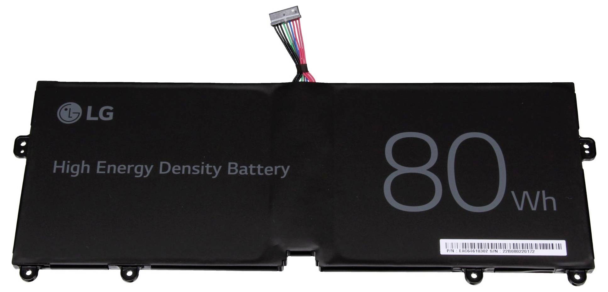 LG baterijski paket prijenosnog računala označen s "Baterija Velike Energijske Gustoće" i "80 Wh" s priloženim kablom konektora.