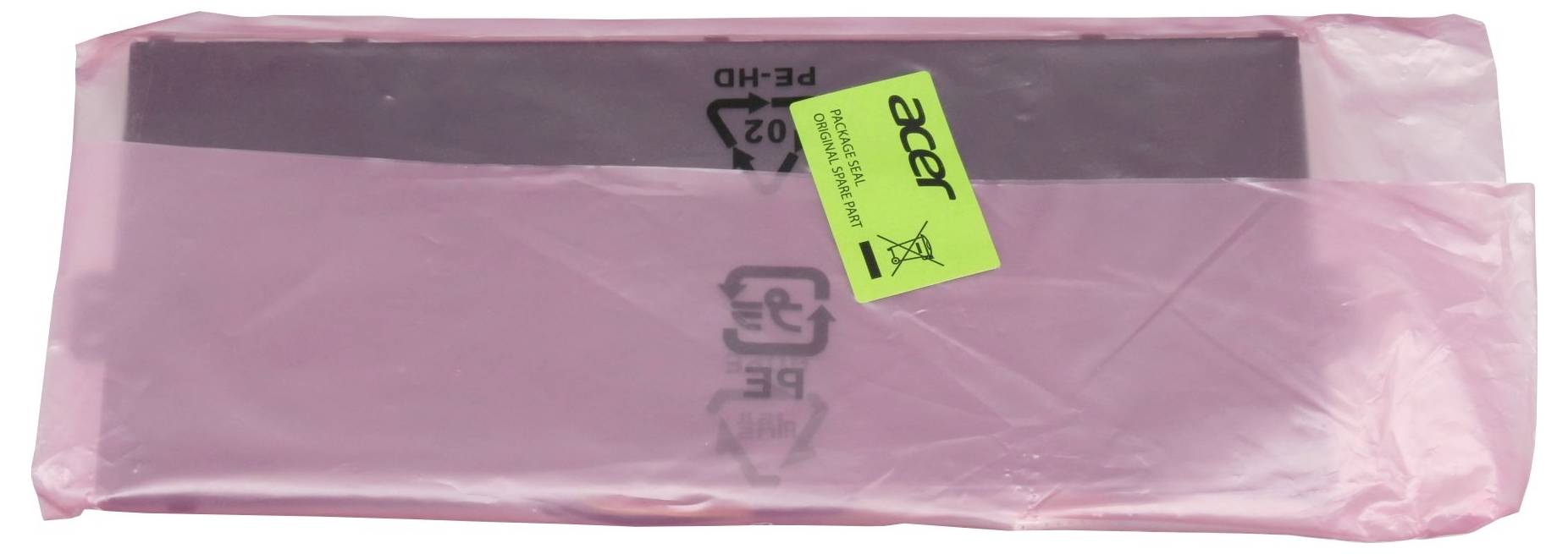 Ružičasta plastična kuverta za slanje s crnim predmetom u njoj i jarko zelenom naljepnicom 'acer' prilijepljenom.