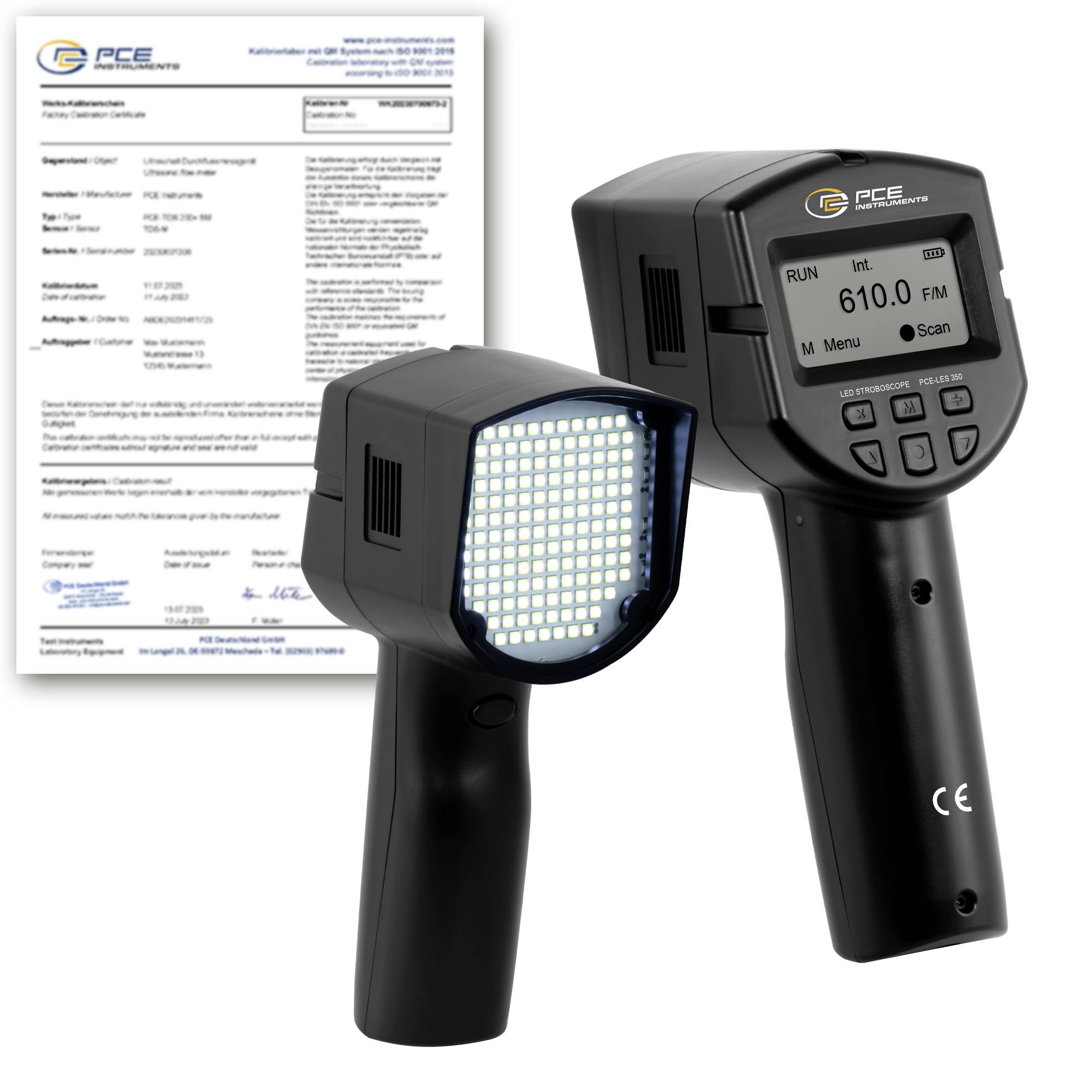 Dva ručna PCE instrumenta, jedan sa svijetlim LED mjernom glavom i drugi sa zaslonom koji pokazuje 610.0 FM, sa certifikatom kalibracije u pozadini.