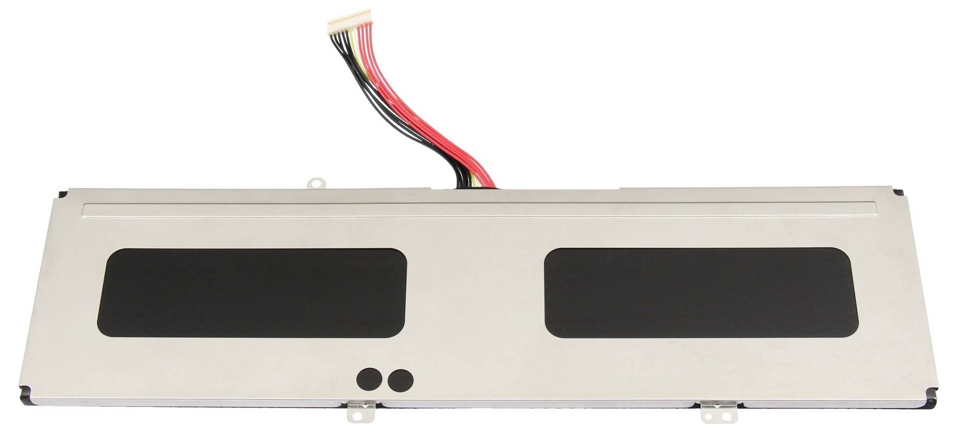 Srebrna elektronička komponenta s dva crna pravokutna prozora za promatranje i crveno-crni kabel koji se proteže od vrha.
