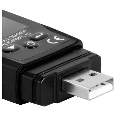 Detaljan prikaz crnog USB uređaja za bilježenje podataka s USB-A priključkom i gumbima, označen s 'DATA LOGGER'.