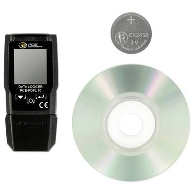 Zapisivač podataka s baterijom i CD-ROM software diskom na bijeloj podlozi.