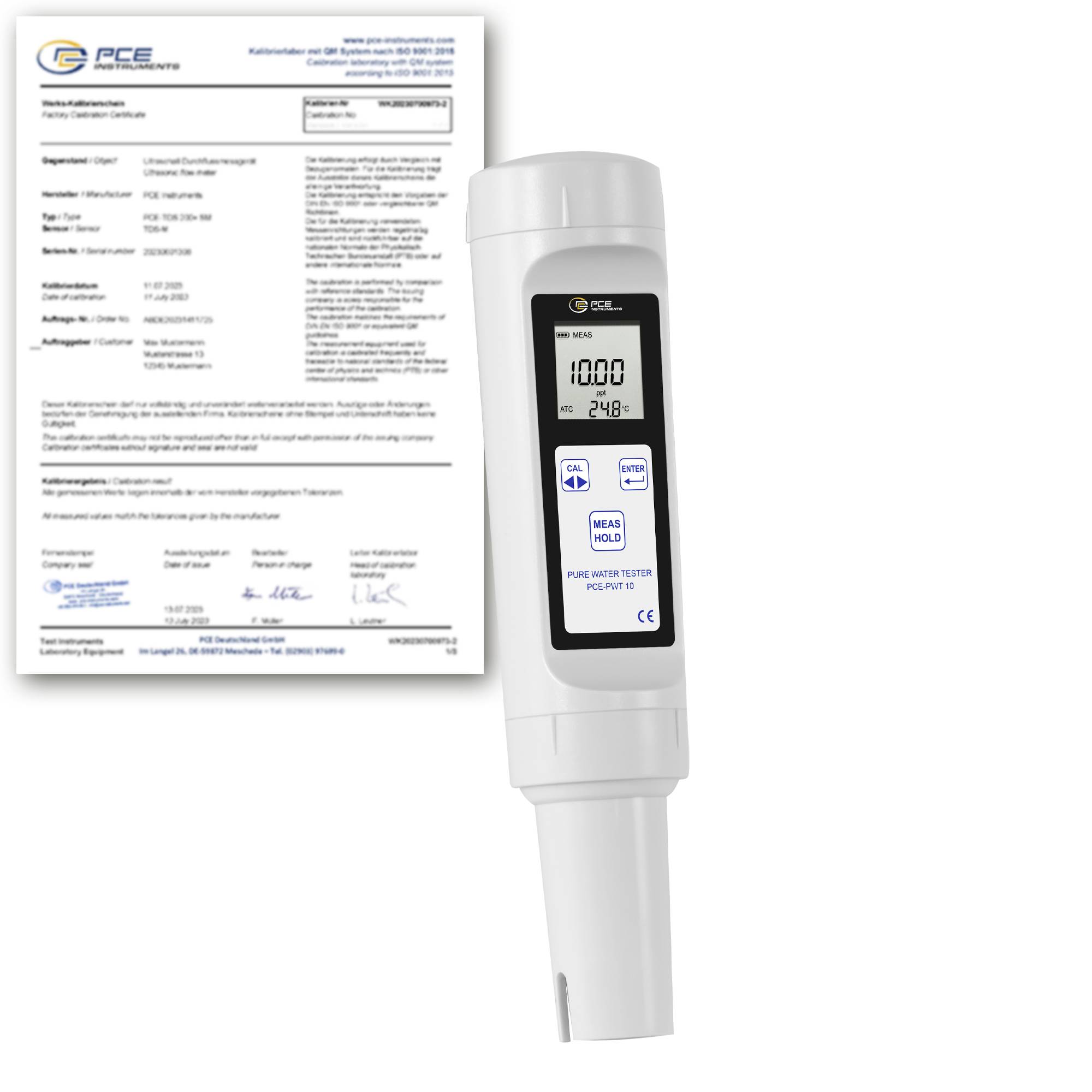 PCE čist voda tester sa prikazom čitanja 1000 i 24,8°C pored dokumenta certifikata kalibracije.