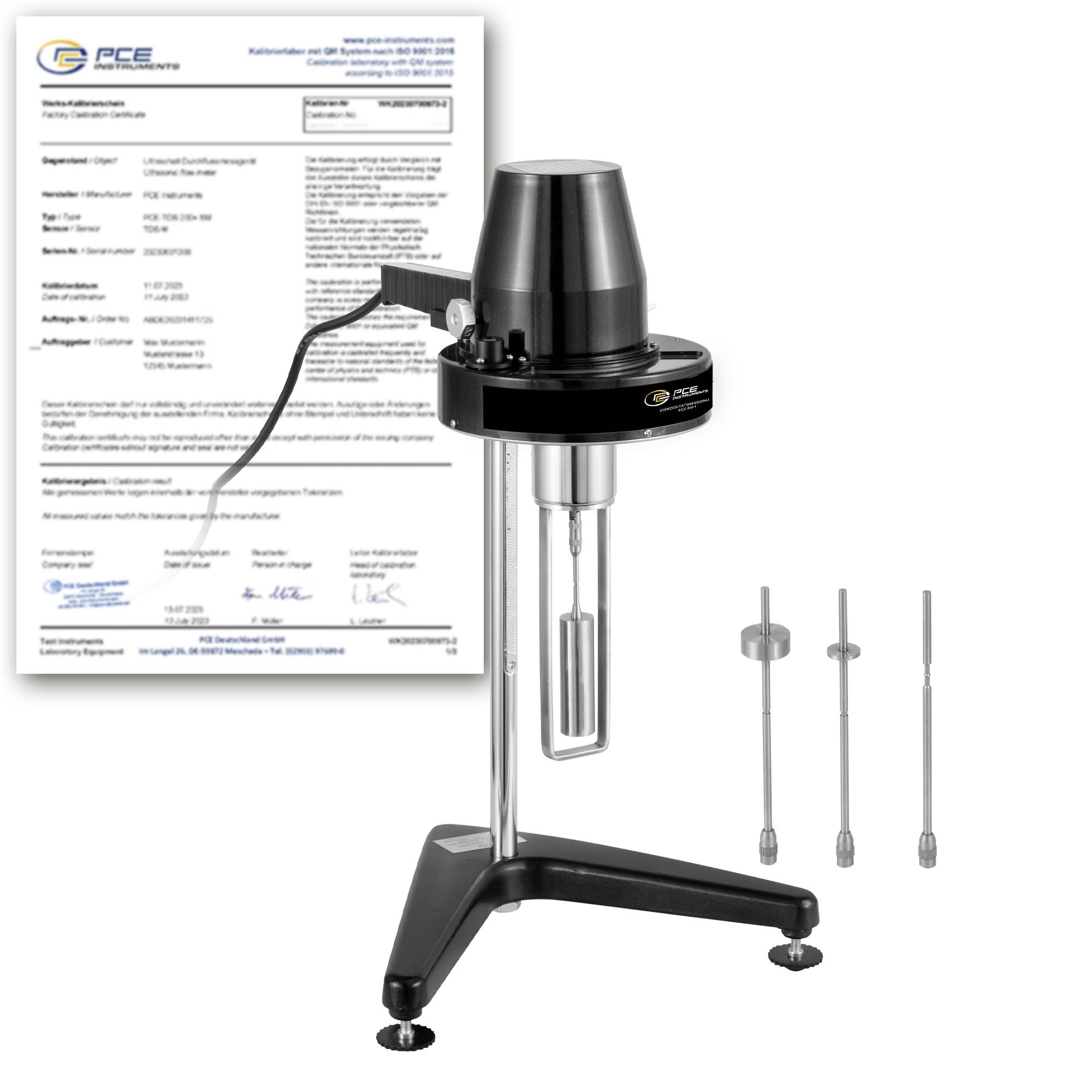 Laboratorijski stalak s montiranom crnom motornom jedinicom i staklenom sondom, prikazan sa certifikatom kalibracije i tri zamjenjiva metalna pripojnika.