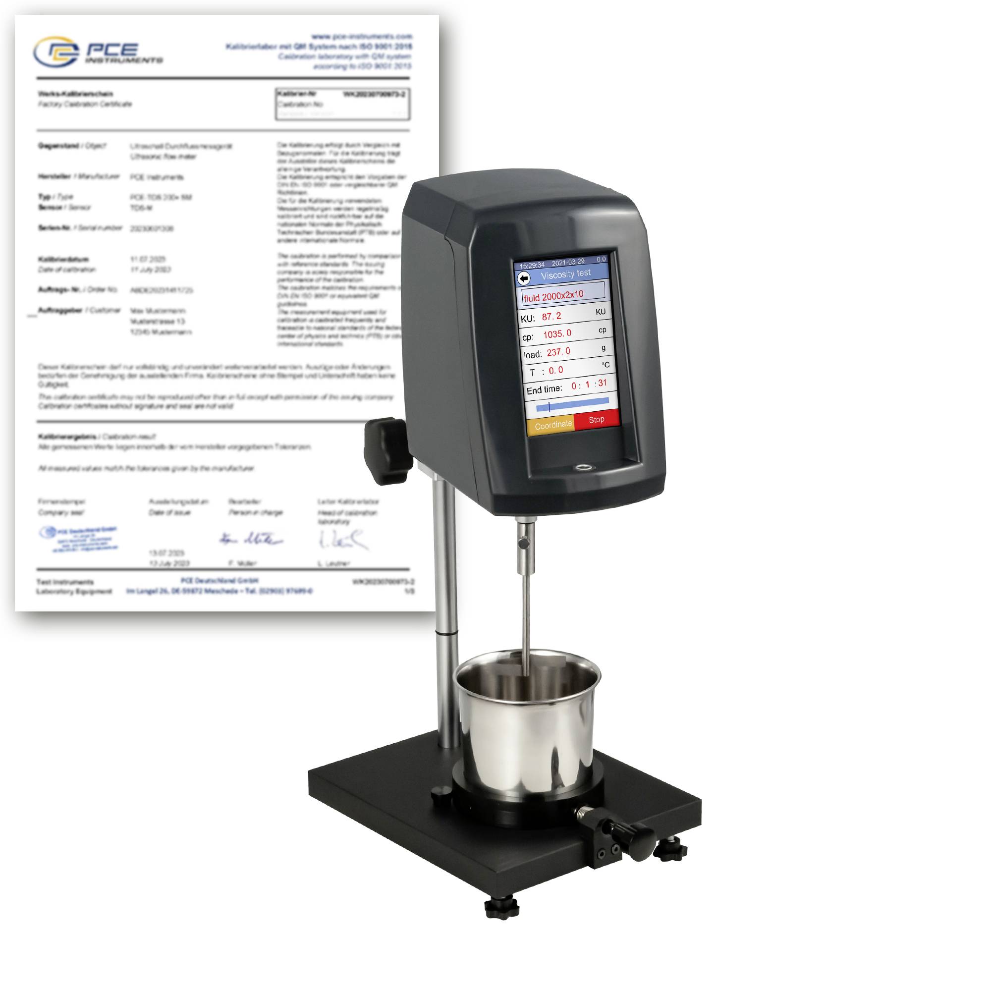 Viskozimetar s metalnom posudom za uzorke pored certifikata o kalibraciji, koji pokazuje da je uređaj kalibriran ili certificiran.