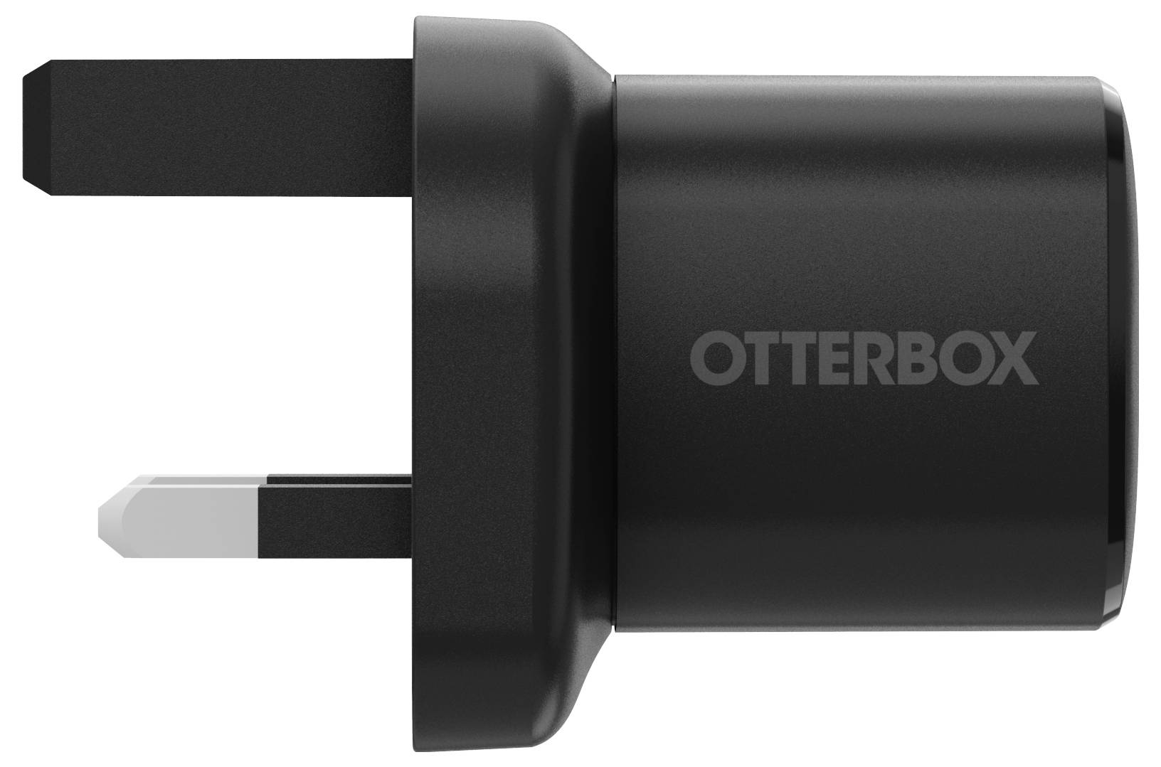 Crni OtterBox zidni punjač s dva UK-style utičnika prikazan u bočnom pogledu na bijeloj pozadini.