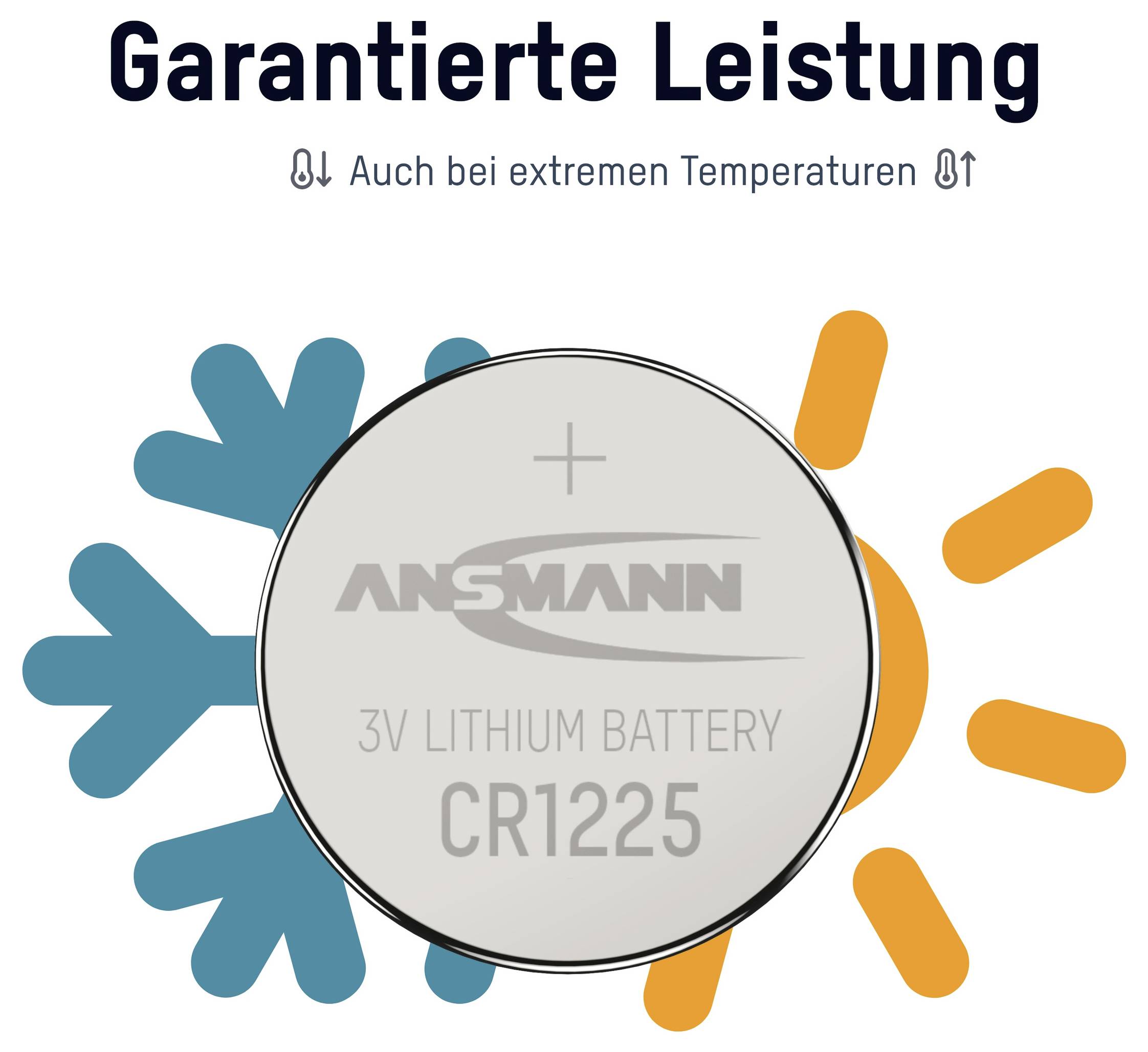 Zemljopis promotivne grafike za ANSMANN CR1225 litijsku bateriju, označenu sa 'Zajamčena performansa' i 'Čak i pri ekstremnim temperaturama,' sa plavom ikonom pahulje i narančastom ikonom sunca.