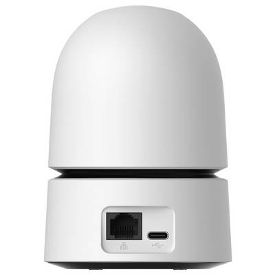 Bijeli cilindrični pametni kućni hub sa zaobljenim vrhom, prikazuje Ethernet port i USB-C port na prednjoj strani.