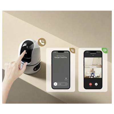 Pametna kućna unutarnja kamera koja se postavljala, s ekranima telefona koji prikazuju 'Ranger Dual Pro' instalaciju i direktan video poziv.