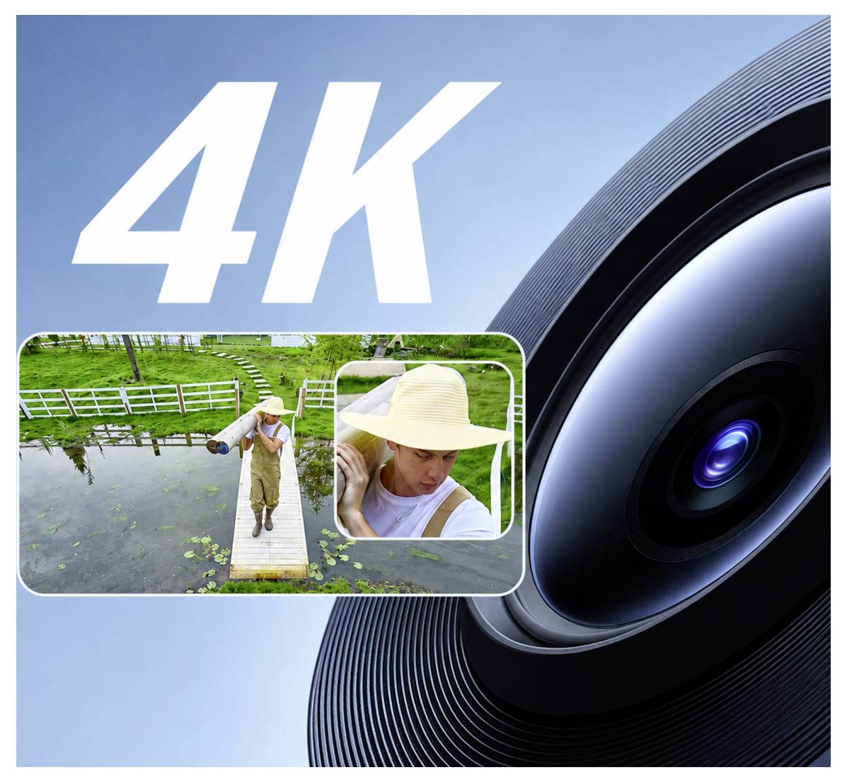 4K reklamna slika s velikim objektivom i osobom u slamnatom šeširu koja se pojavljuje na molu uz ribnjak