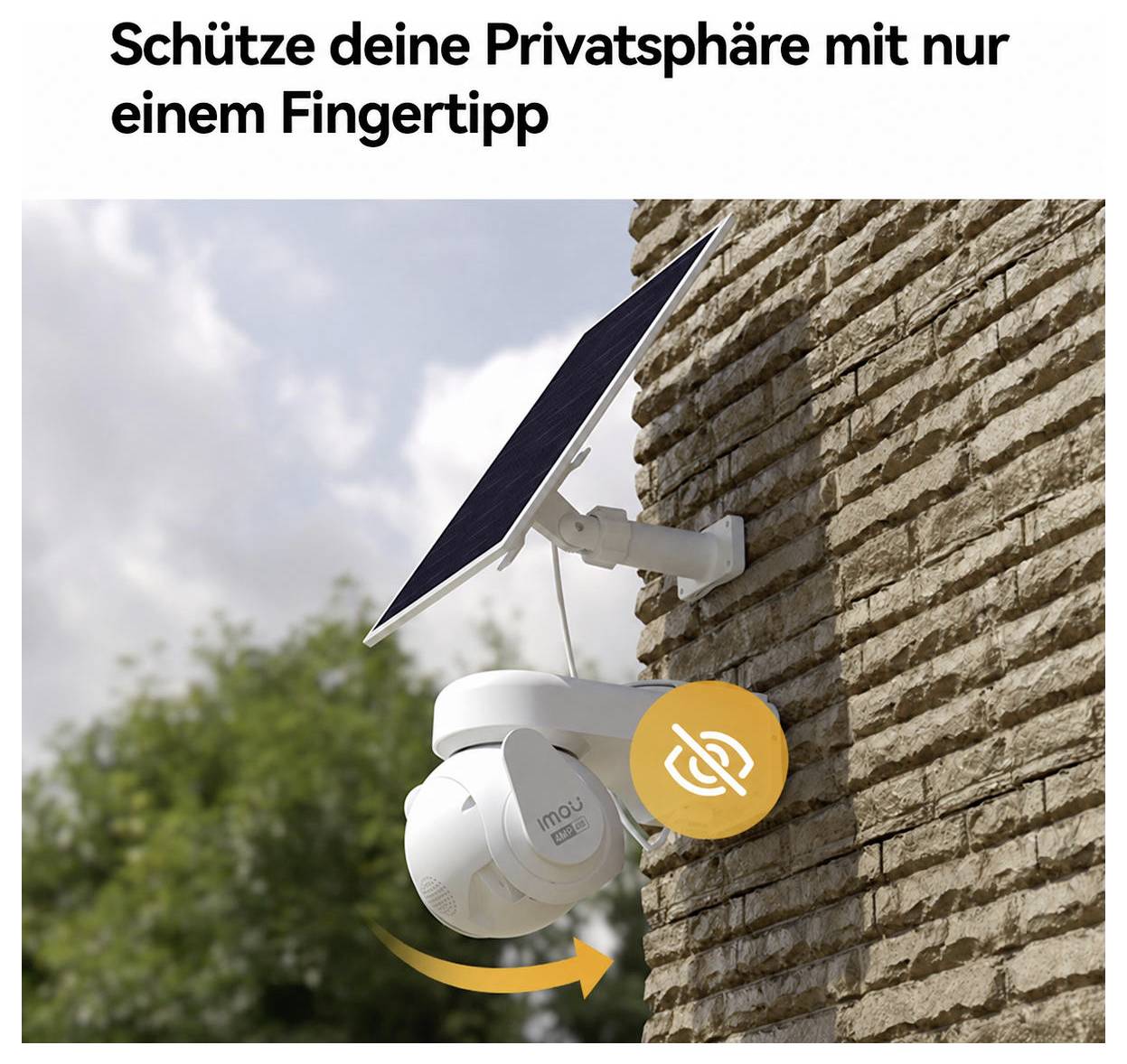 Solarna kamera na zidnoj površini od cigle s napomenom 'Zaštiti svoju privatnost samo jednim dodirom prsta' i simbolom zatvorenih očiju za funkciju zaštite podataka.