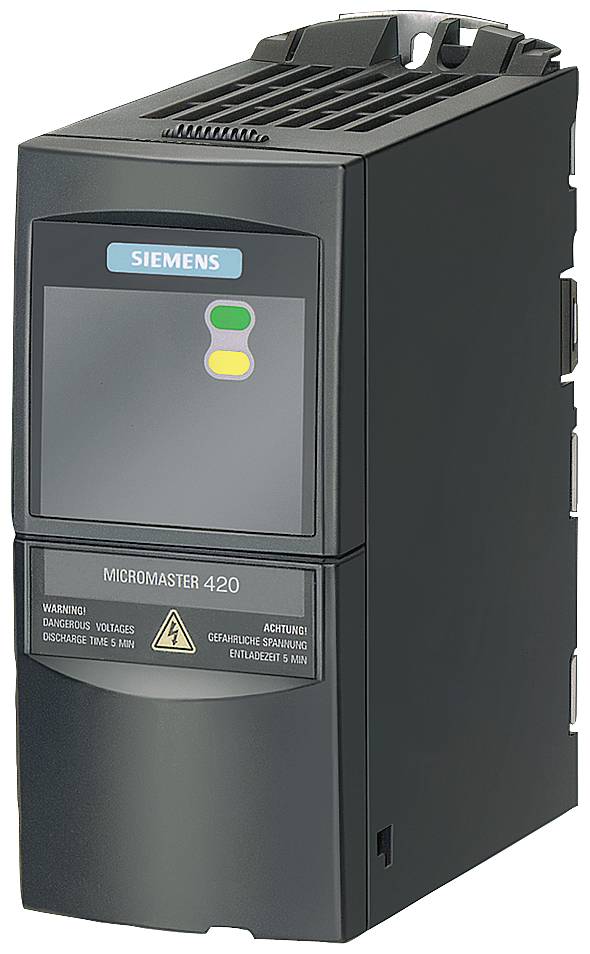 Siemens Micromaster 420 industrijska jedinica pretvarača frekvencije s indikatorskim svjetlima stanja i natpisom upozorenja, prikazana u crnoj pravokutnoj kućištu.