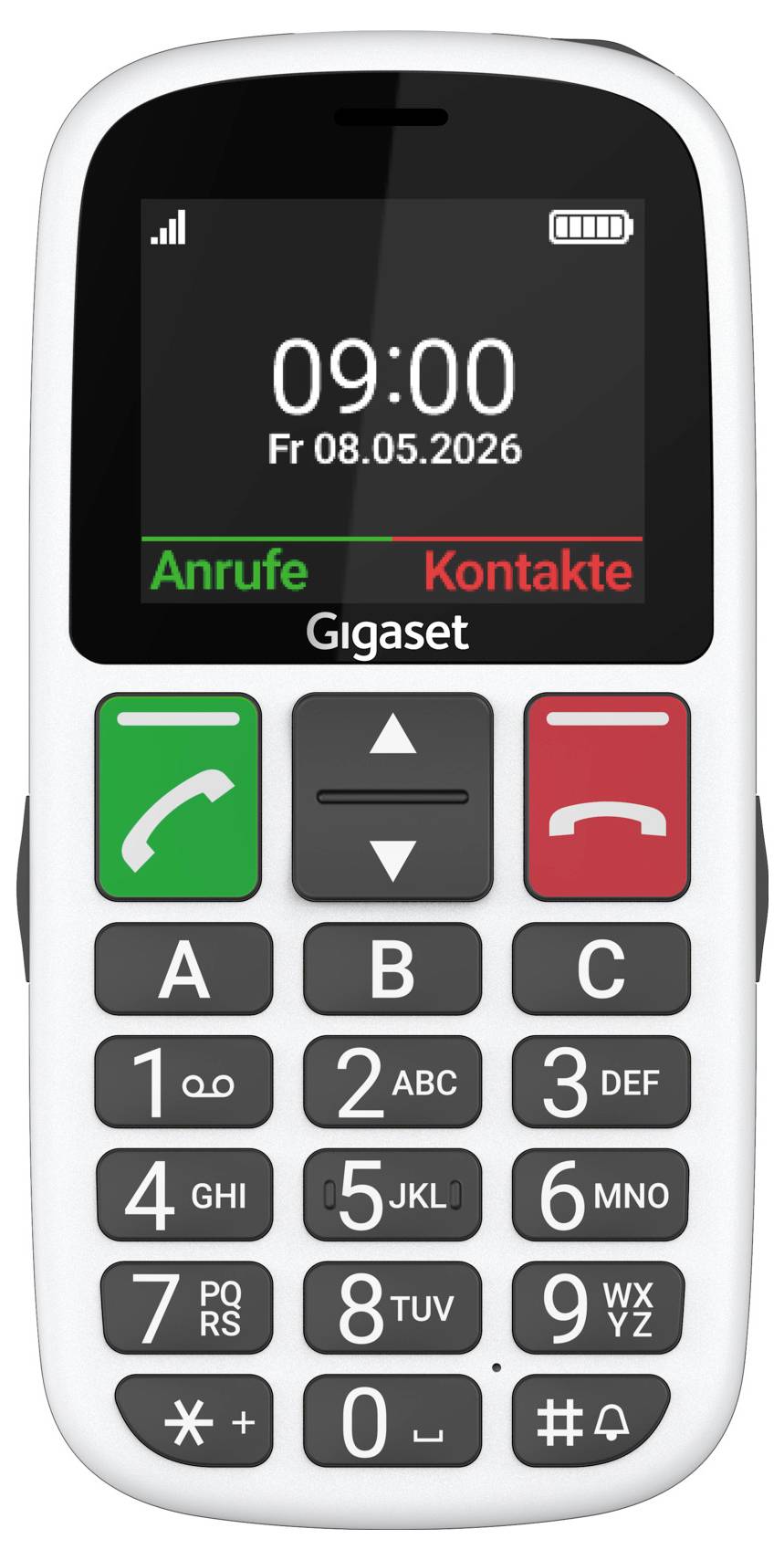 Frontalni pogled na mobilni telefon Gigaset s prikazom vremena 09:00 i datuma 08.05.2026, s oznakama izbornika za pozive i kontakte i velikim fizičkim gumbima tipkovnice.