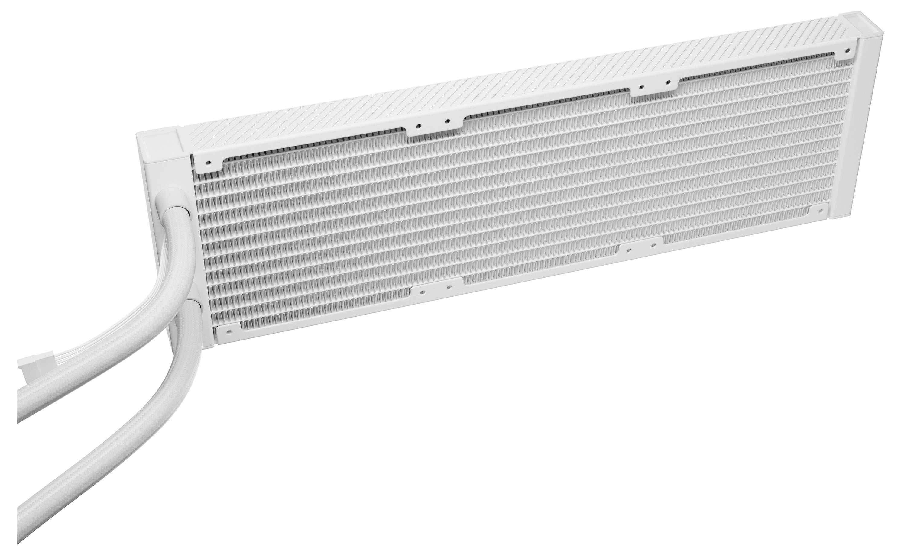 Bijeli pravokutni rashladni radiator tekućine s dvije priložene cijevi, prikazan na običnoj bijeloj pozadini.