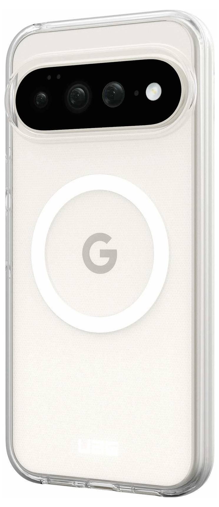Pogled sa stražnje strane Google Pixel telefona u prozirnoj futroli, prikazujući horizontalnu traku kamere i centrirani logo 'G' sa prstenom za bežično punjenje.