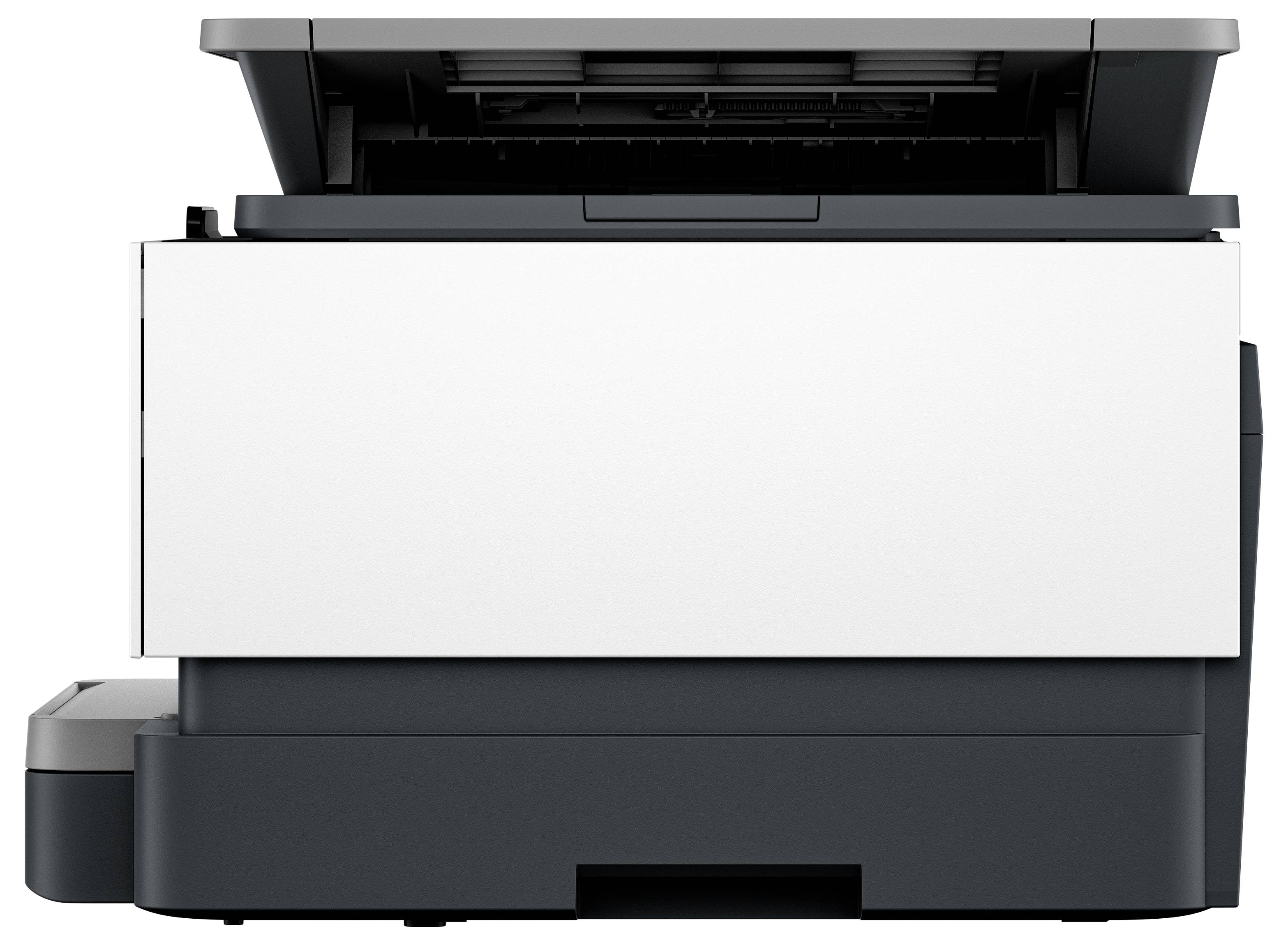 Prednji pogled multifunkcijskog pisača u crnoj i bijeloj boji s otvorenim poklopcem skenera.