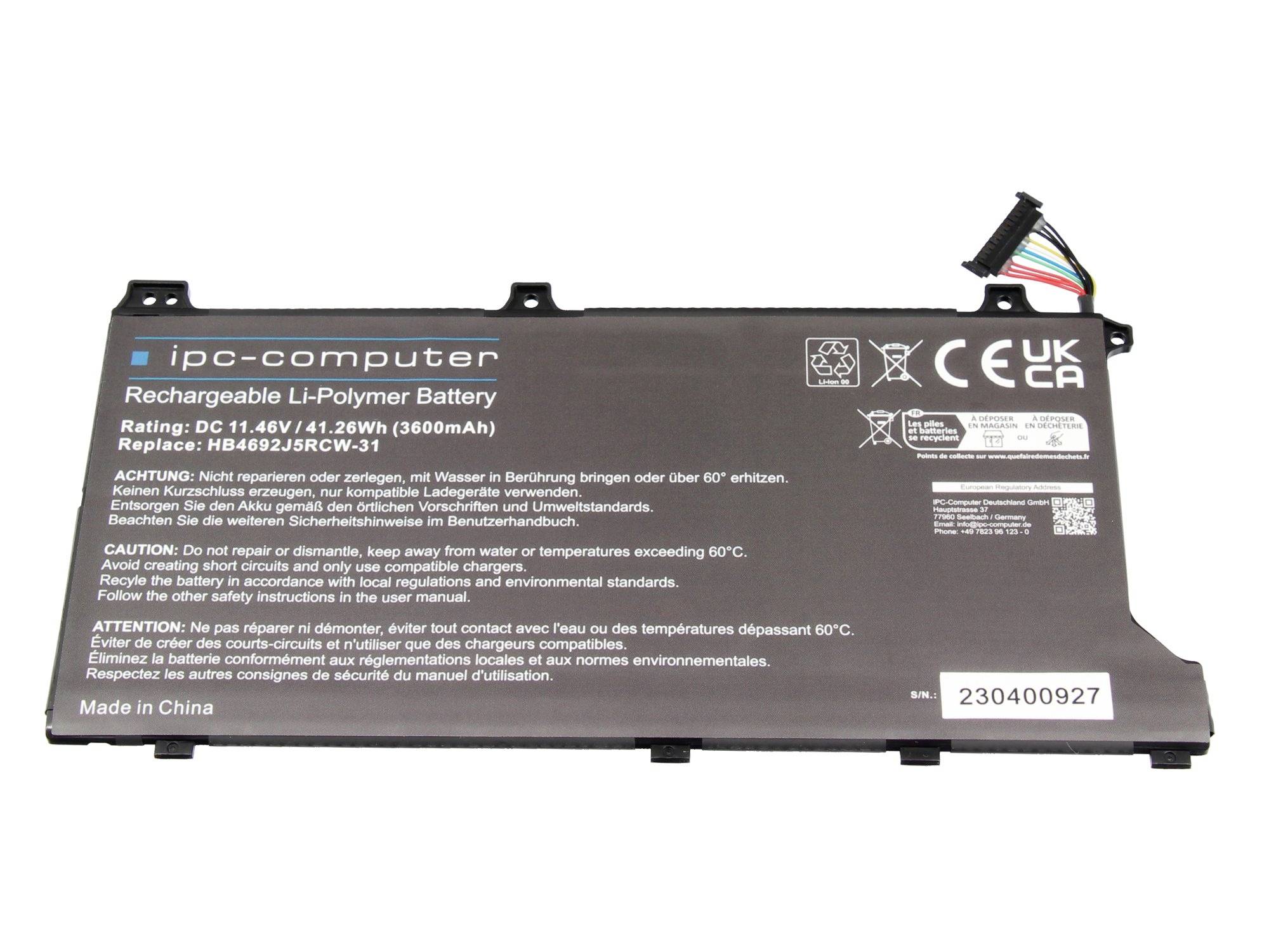 Crna ipc-computer punjiva laptopska baterija s konektorom, označena 11.46V 41.26Wh i 'Made in China'