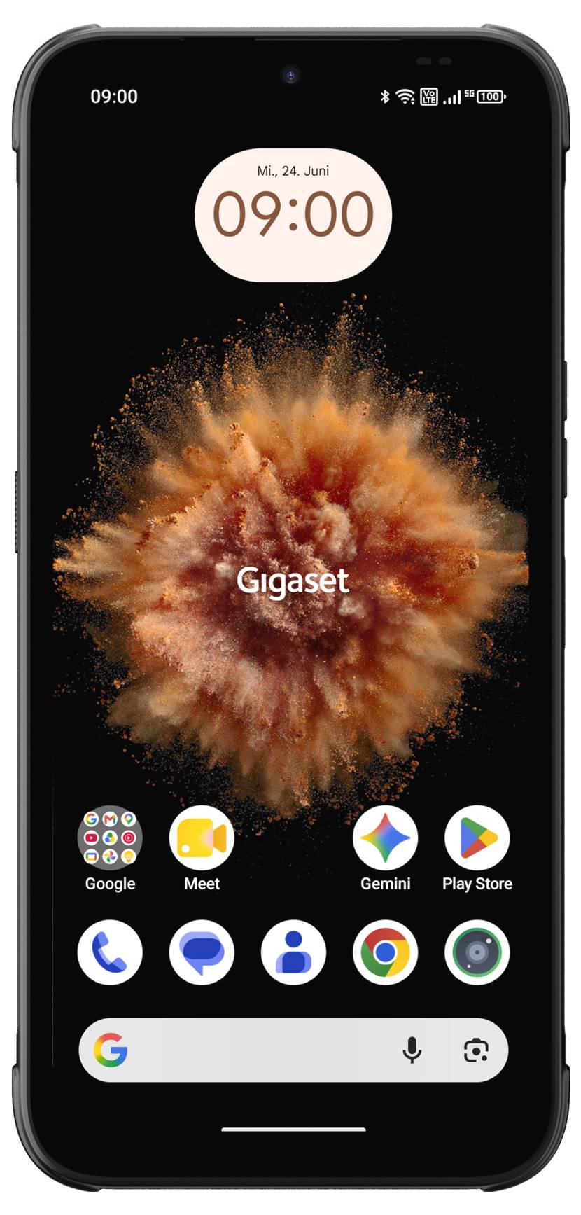 Početni Android ekran na crnoj pozadini s velikom narančastom cvijećem kao pozadinom, sat prikazuje 09:00 s datumom srijede, 24. lipnja, i ikonama aplikacija uključujući Google, Meet, Gemini, Play Store, Phone, Messages, Contacts i Chrome.