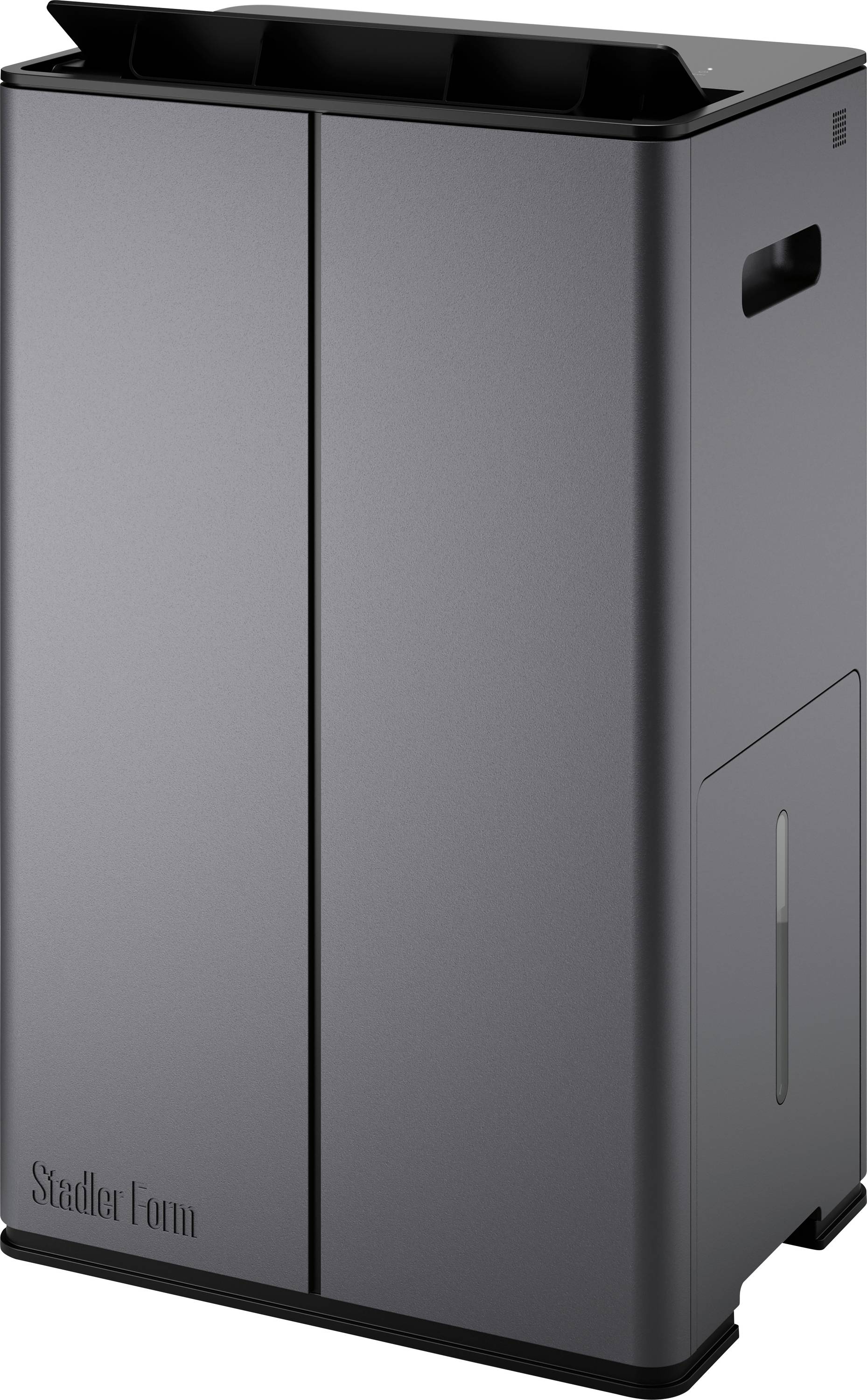 Tamno sivi Stadler Form čistač zraka ili ovlaživač s elegantnim pravokutnim dizajnom i prozorom za razinu vode na prednjoj strani