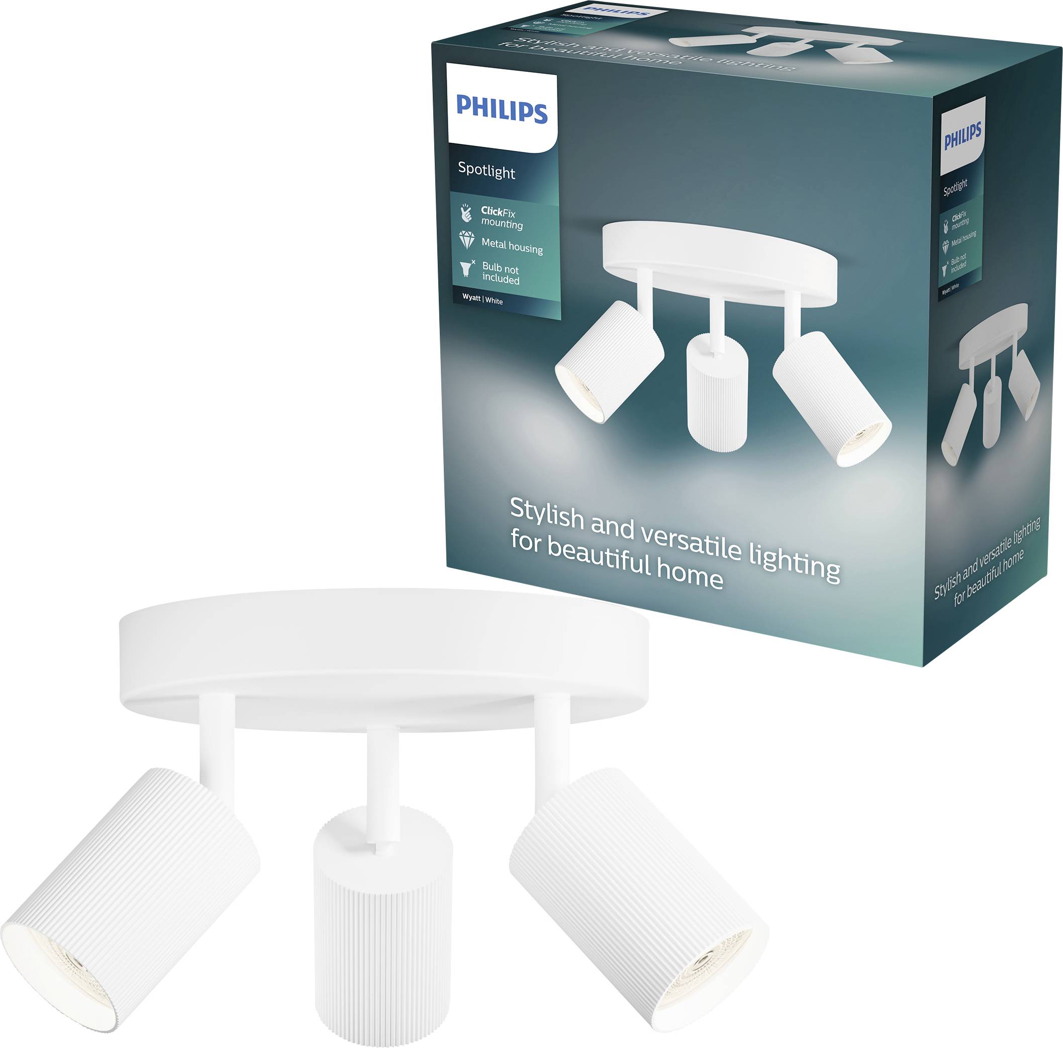 Philips Spotlight stropna lampa s tri podesiva bijela rasvjetna kućišta, prikazana s originalnom pakiranjem proizvoda.