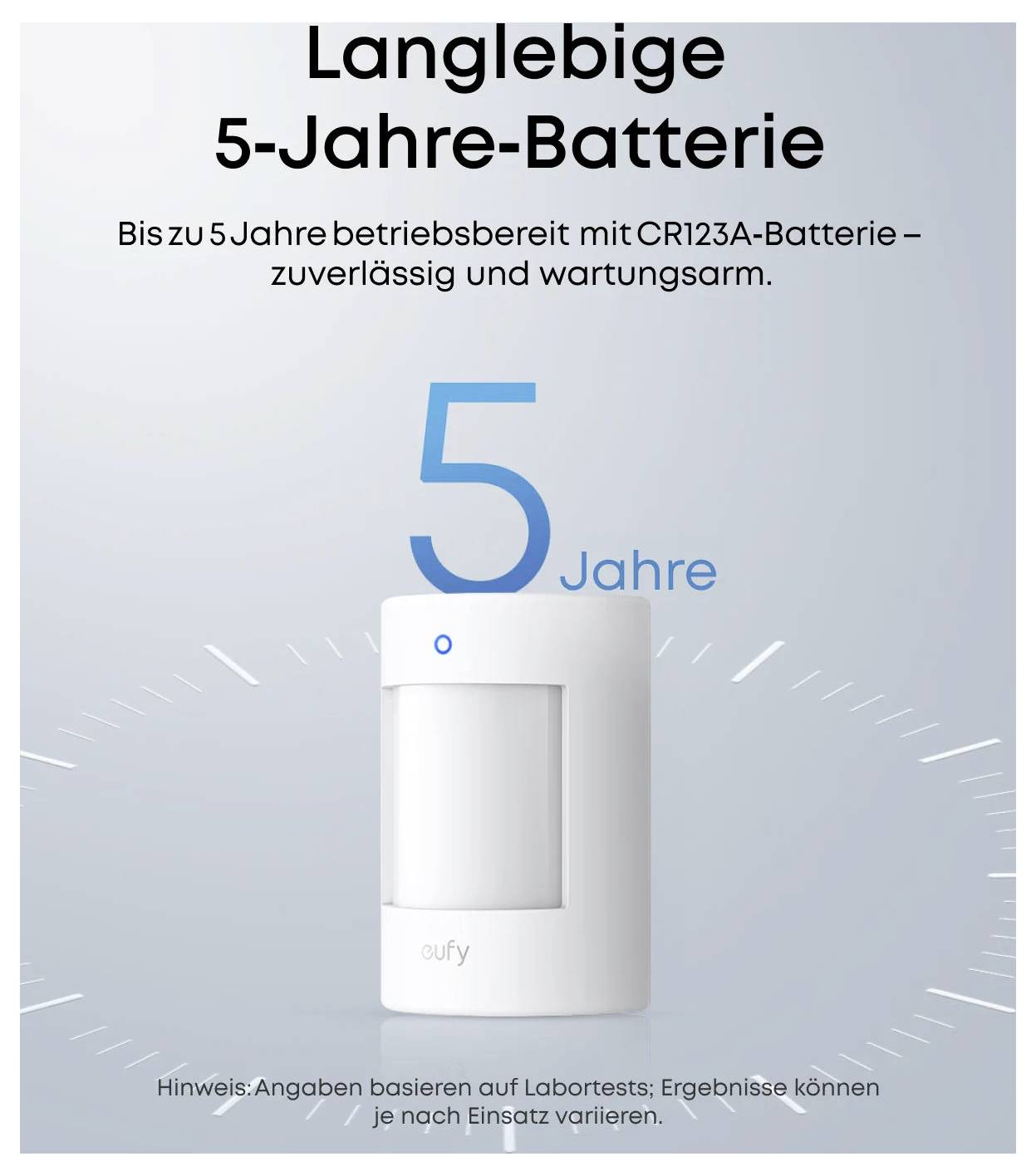 Promocijska grafika za 'Dugotrajnu 5-godišnju bateriju' prikazuje bijeli uređaj i veliki tekst '5 godina', navodeći da traje do 5 godina s CR123A baterijom.