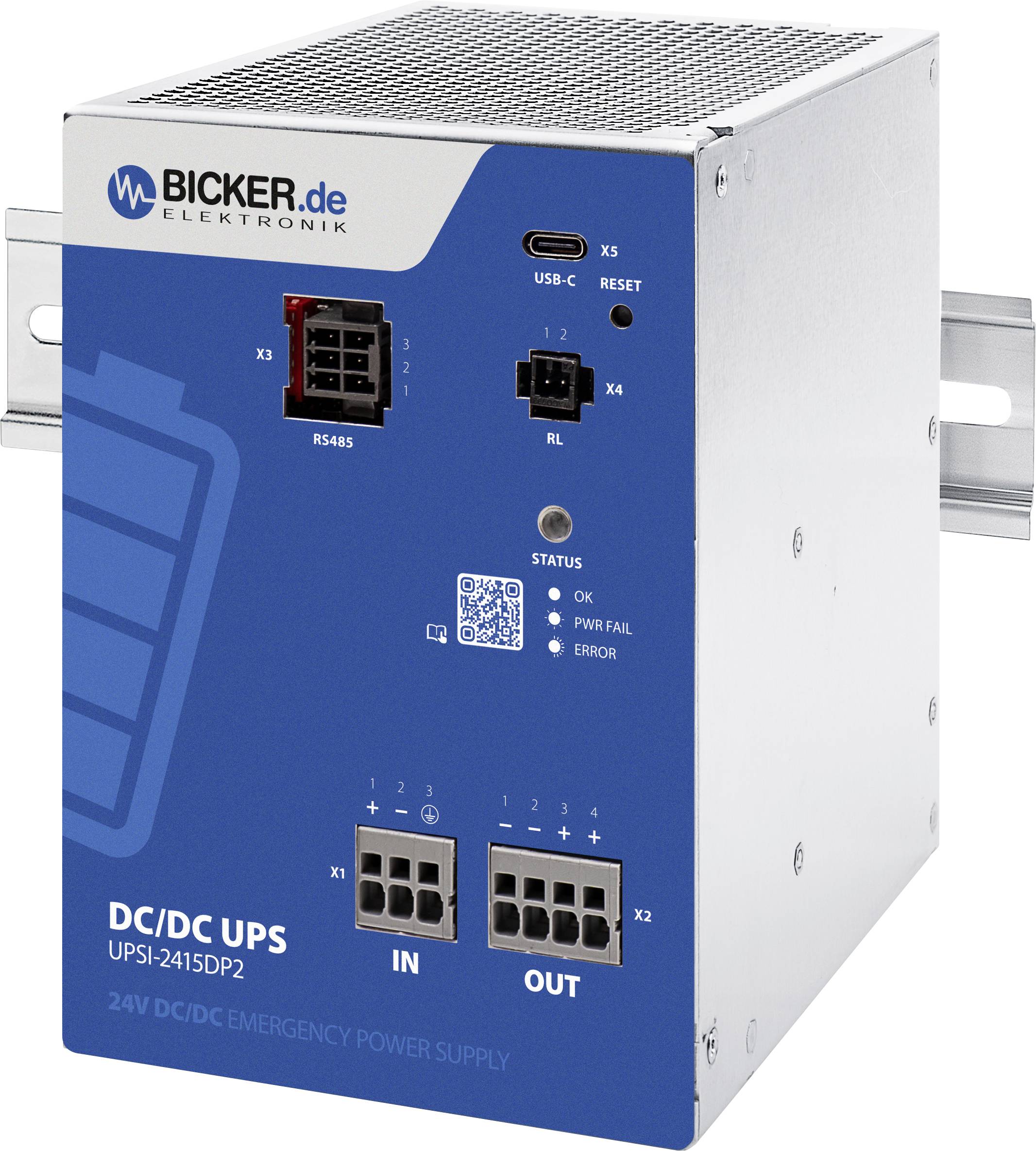 Prednji pogled na Bicker.de DC/DC UPS napajačku jedinicu s označenim portima, statusnim LED-ima, USB-C, RS485 i IN/OUT priključcima.