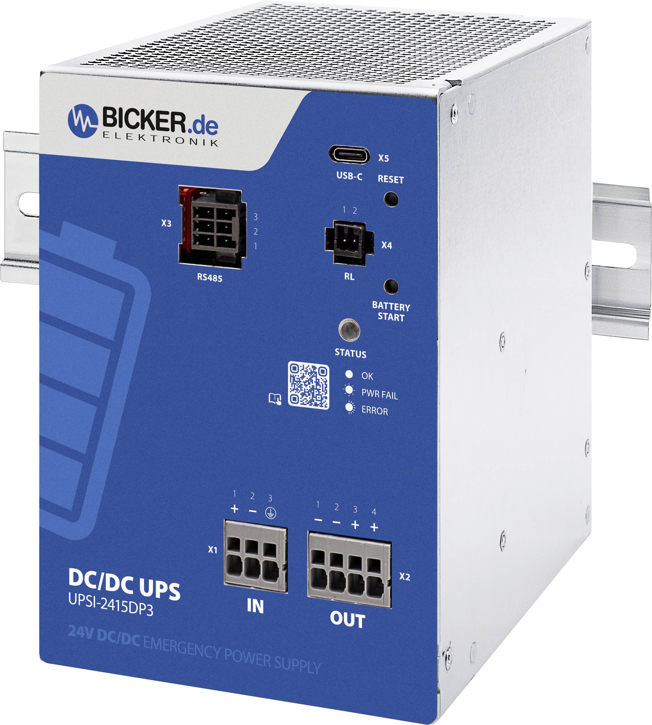 Frontalni pogled na Bicker Elektronik DC/DC UPS modul označen sa 'UPSI-2415DP3', s USB-C, RS485, pokretanjem baterije, LED-ima statusa i priključnicama za napajanje IN/OUT.