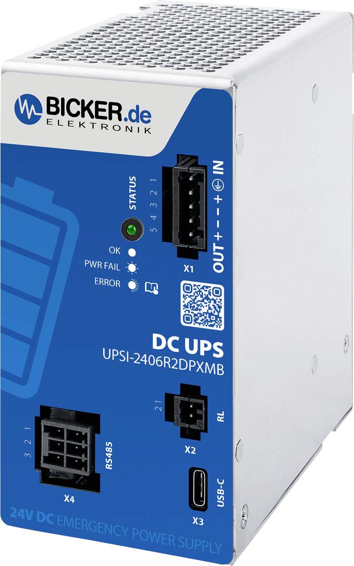 Prednji pogled na jedinicu za nužno napajanje Bicker.de Elektronik DC UPS s označenim priključcima, LED indikatorima statusa i QR kodom.