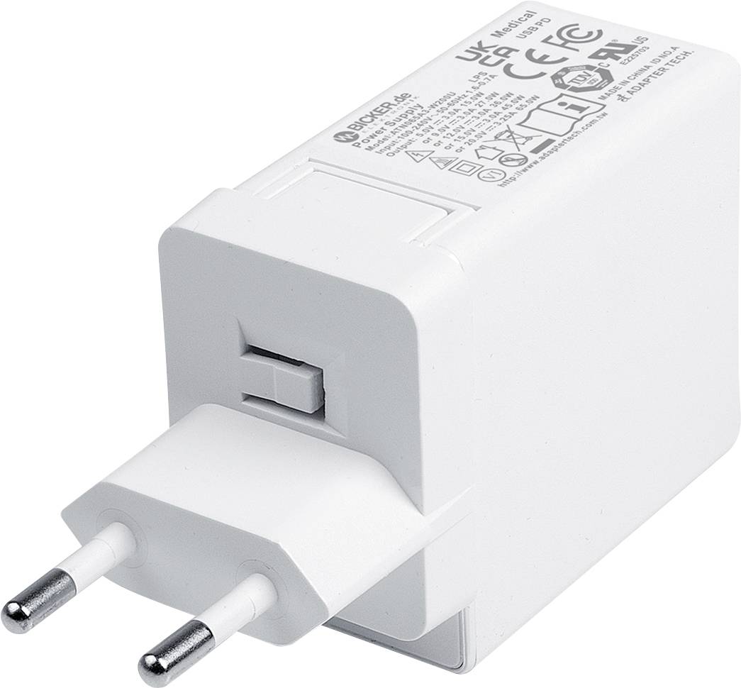 Bijeli USB zidni punjač s mrežnim adapterom s dva okrugla europska utikača, prikazan u detaljnom prikazu na bijeloj pozadini.
