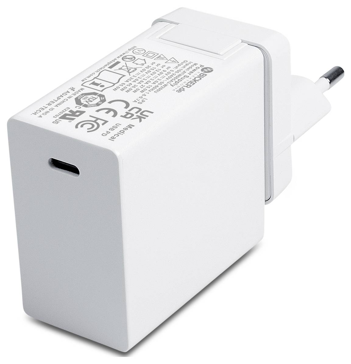Bijeli USB zidni punjač s uklonjivom utikačem i jednom USB-C priključnicom na neutralnoj pozadini.