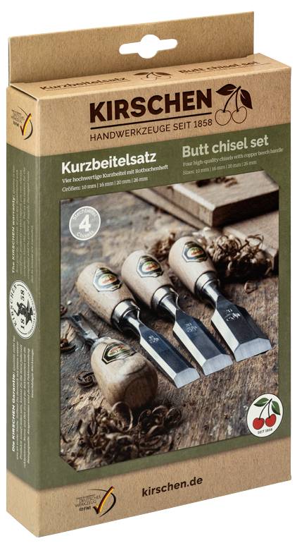 Kirschen set dlijena za rezbarenje u kutiji s četiri kratke dljetiće prikazane na prednjoj strani, označene s 'Kurzbeitelsatz' i 'Butt chisel set'.