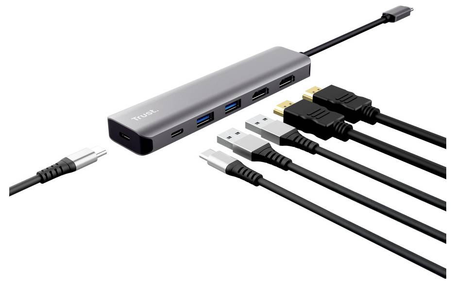 USB-C hub s više portova, prikazan s nekoliko povezanih kabela i kabelom za napajanje.