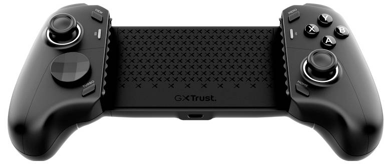 Crni GXTTrust kontroler igre s dva analoga štapa i akcijskim gumbima, dizajniran za ručnu igranje.