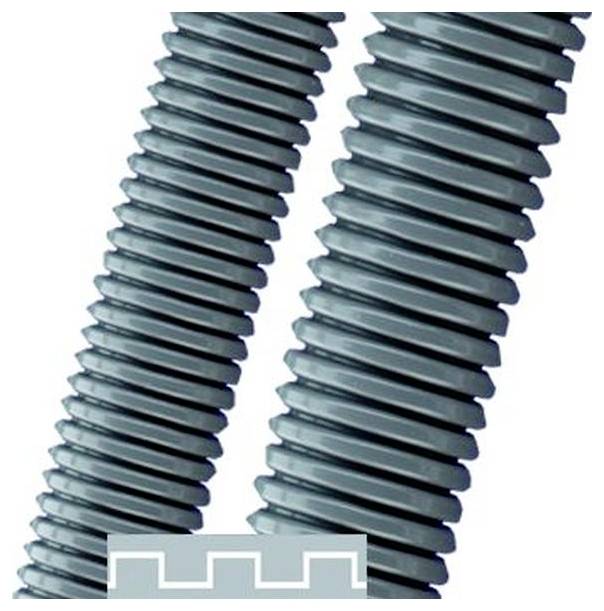 Dvije plave-sive valovite crijeve ili fleksibilne kanale nagnutih prema unutra na bijeloj pozadini, s malom ikonom profilnog stepenastog cijevi na dnu.