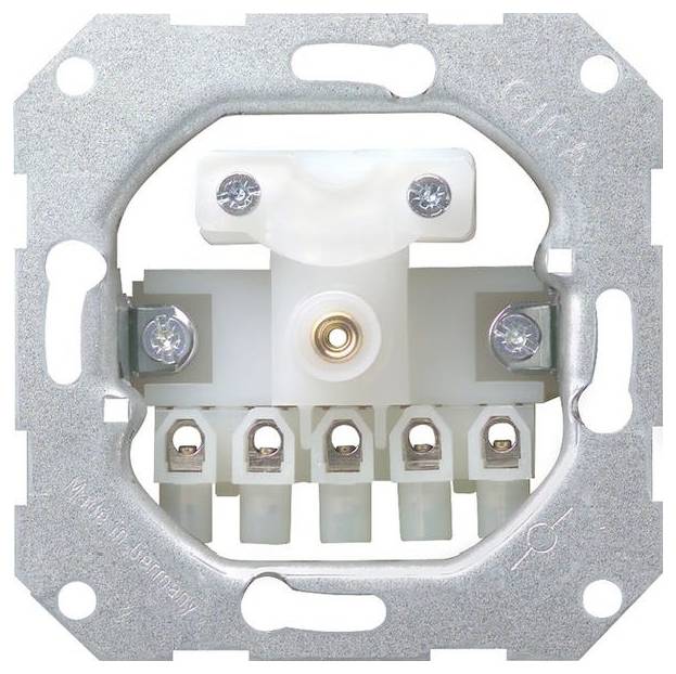 Detaljni prikaz metalnog umetka električne zidne utičnice sa montažnim okvirom i vijčanim terminalima.