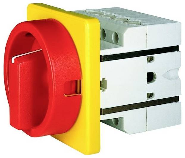 Crveni rotacijski električni prekidač za odvajanje sa žutom montažnom pločom i bijelim terminalnim blokom.