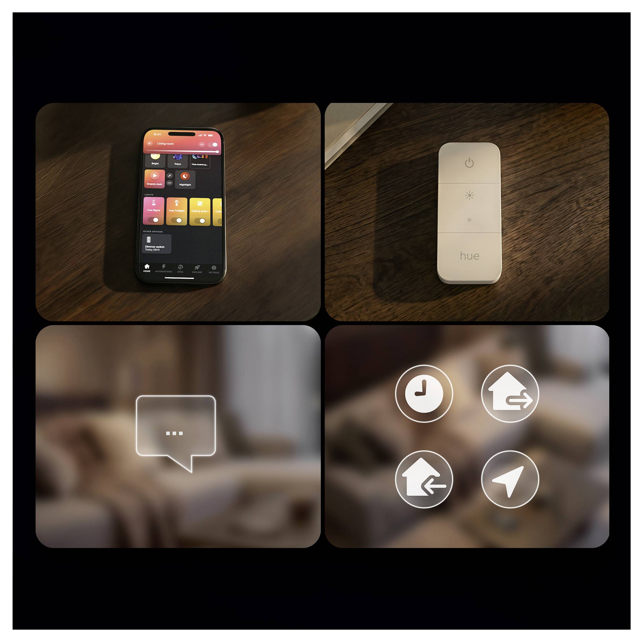 Četveropanelna kolaž koja prikazuje aplikaciju pametnog doma na pametnom telefonu, Philips Hue daljinski upravljač i plutajuće ikone kontrole iznad zamućene pozadine dnevne sobe.