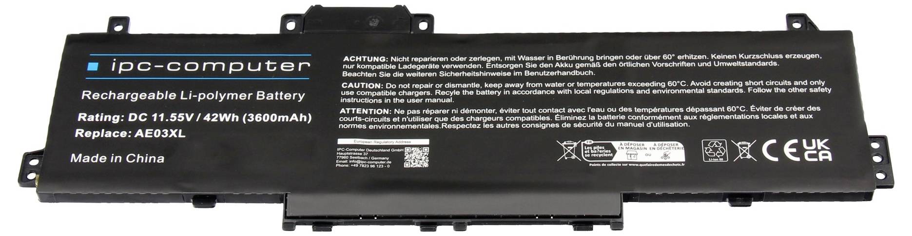 Crna punjiva Li-polimerna baterija sa oznakom 'ipc-computer', 11,1V 5400mAh, sa upozorenjem i markama sertifikacije.