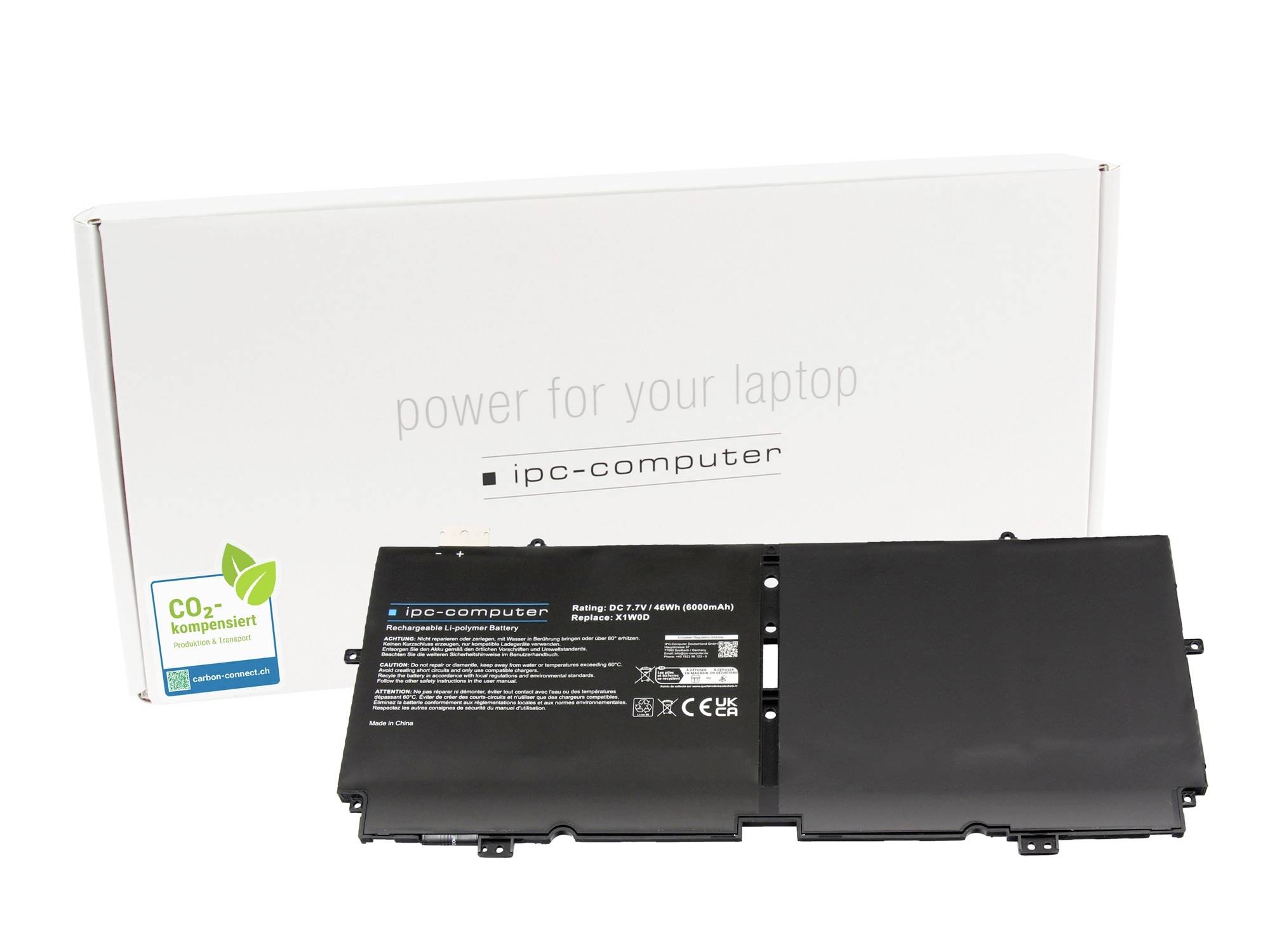 Crni paket baterije za prijenosno računalo ispred kutije 'ipc-computer' označene sa 'struja za vaš laptop' s CO2 oznakom.