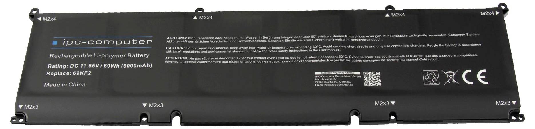 Crna baterija prijenosnog računala s oznakom IPC-computer, Ocjena 11,1V 50Wh 4500mAh, sa upozorenjima i oznakama certifikacije.
