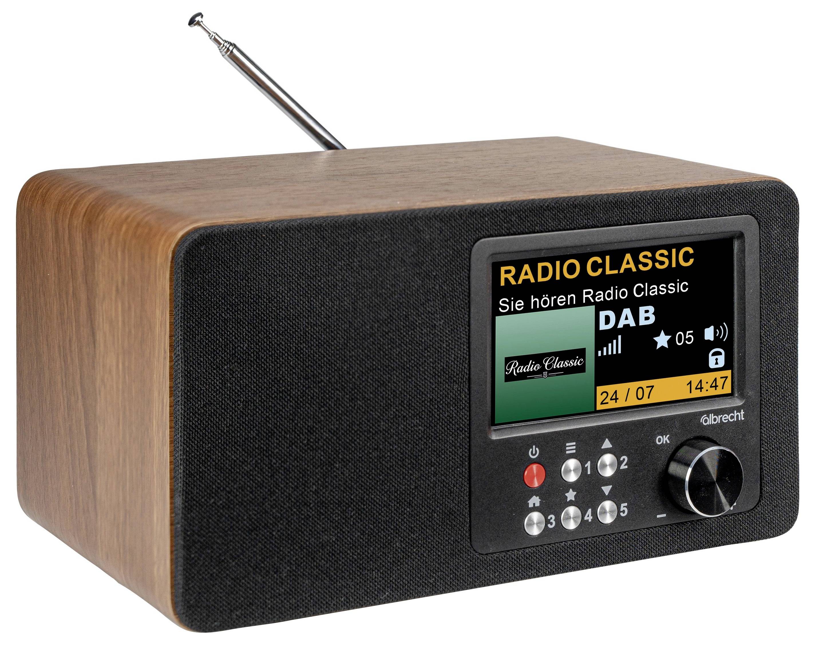 Kompaktni drveni stolni radio s antenom, prikazuje kolorni zaslon podešen na 'RADIO CLASSIC' i informacije DAB postaje.