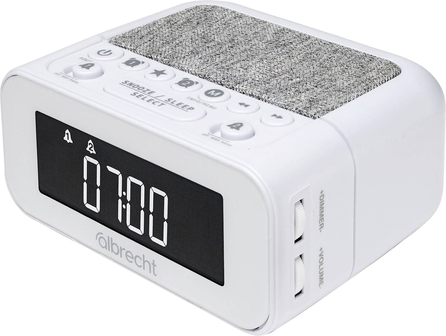 Bijeli budilnik sa radio funkcijom i digitalnim zaslonom koji prikazuje 07:00, rešetka zvučnika na vrhu i kontrole za jačinu zvuka i podešavanje na boku.