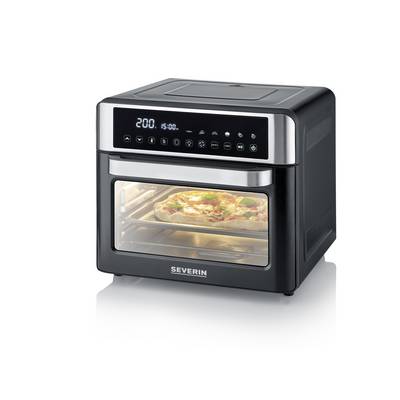 Kuhinjski air fryer pećnica sa digitalnom kontrolom, na zaslonu osvijetljenih staklenih vrata prikazuje pizzu koja se pečeni u njoj.