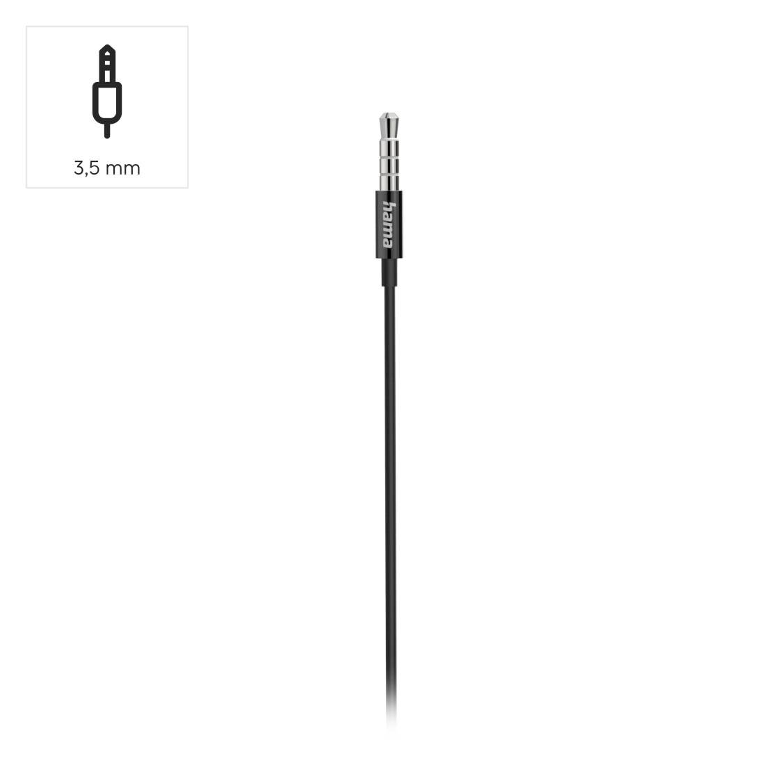 Crni audio kabel od 3,5 mm s muški priključnom konektorom prikazan na bijeloj pozadini.
