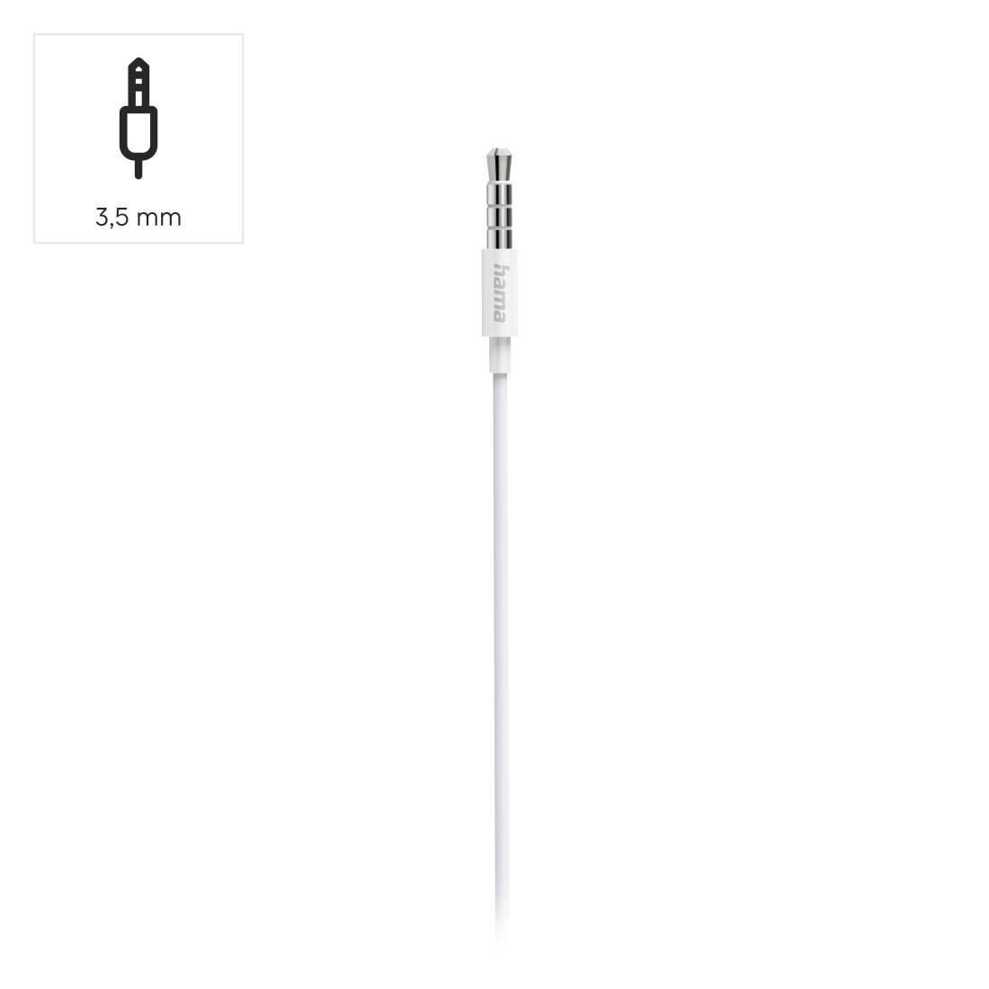 Bijeli kabel za audio utičnicu od 3,5 mm s jednim muškim konektorom prikazan na običnoj pozadini.