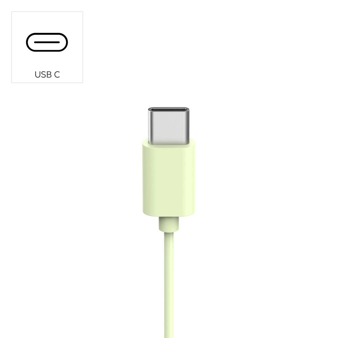 Ilustracija USB-C konektora na svjetlozelenoj kablici, s malom naljepnicom koja pokazuje simbol USB-C porta i tekst "USB C".
