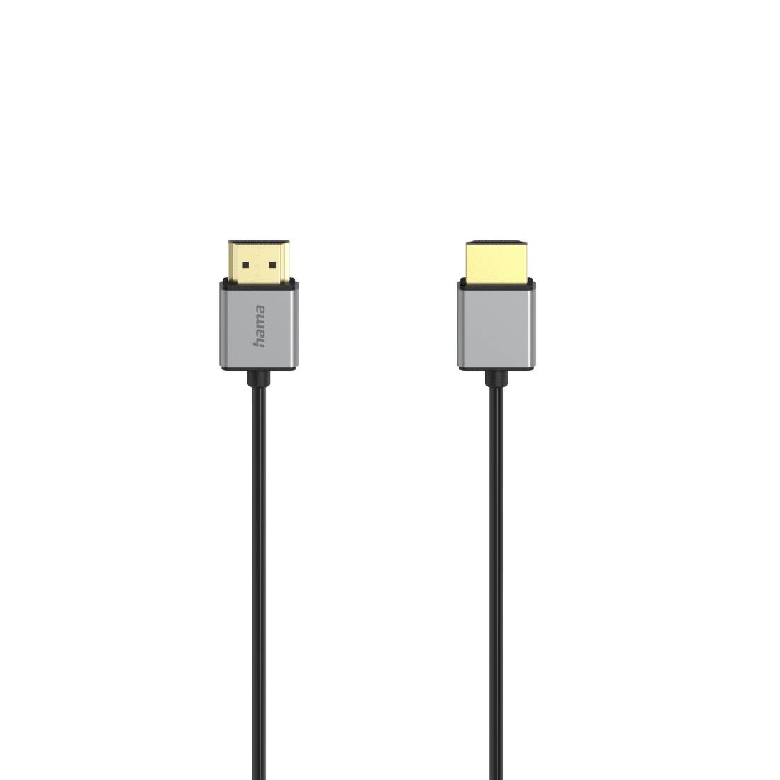 Dva bliska prikaza crnog HDMI kabelskog konektora, prikazujući krajeve utikača sa sivim kućištima na bijeloj podlozi.