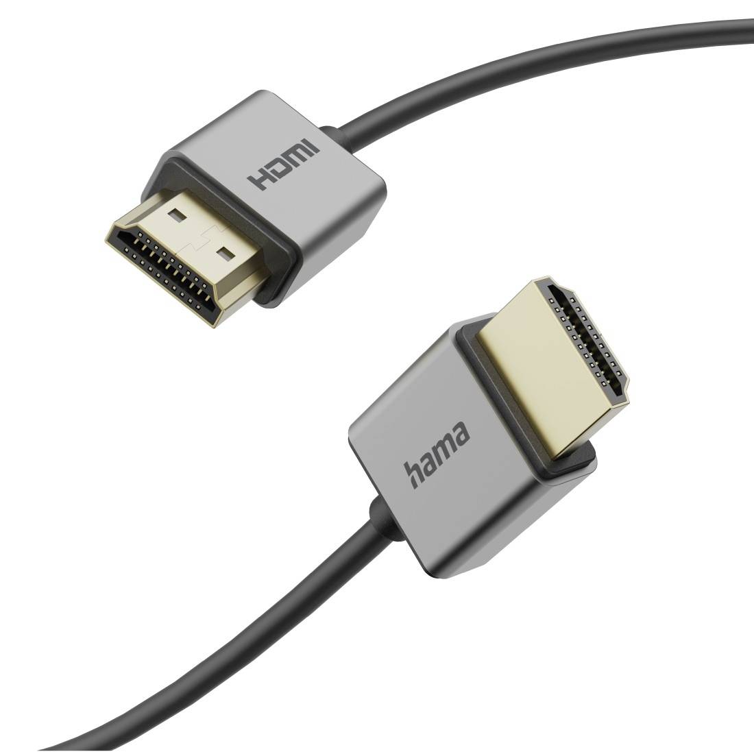 Dva priključka HDMI kabela prikazana u blizini: jedan označen s 'HDMI' i jedan 's 'hama', s kabelima koji se protežu iz svakog utikača.