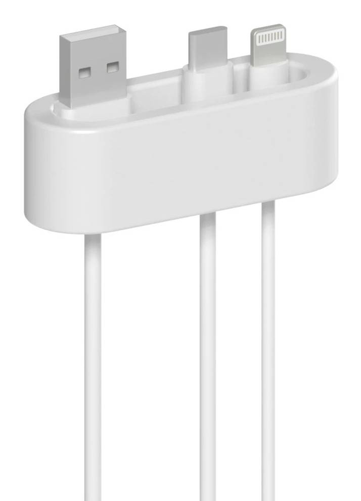 Bijeli adapter kabl za punjenje s USB, 30-polnim i Lightning konektorima na vrhu